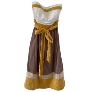 Max & Cleo Strapless Belted Bow Colorblock Dress, Yellow Brown Ivory, Size 4